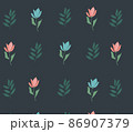 Pattern of pink and blue flowers, palm branches on a dark green background, vector image 86907379