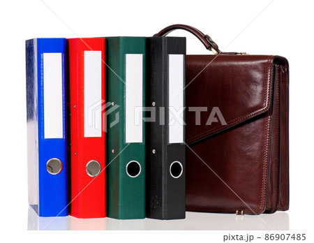 Brown leather briefcase with folders 86907485