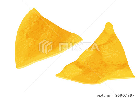 Tortilla chips, traditional Mexico nacho, triangle crisp food in cartoon style isolated on white background. Fast food, detailed meal. 86907597