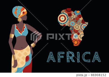 Continent Africa with patterns  and african girl, vector illustration. Elements for design, vector illustration, African culture concept, logo