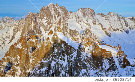 Aerial landscape of mountain Chamonix at sunset, Observation Deck 3842 meters, Mont Blanc, point of view Aerial landscape of mountain Chamonix at sunset, Observation Deck 3842 meters, Mont Blanc, point of view 86908714
