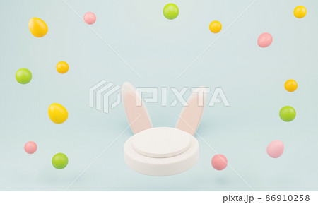 Happy Easter. cute cartoon Easter composition. Bunny ears and painted eggs on a delicate background. 3D illustration 86910258