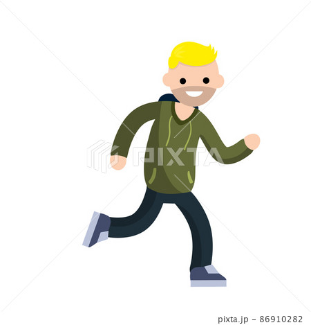 Young man in Hoodies. Running and sports. Active lifestyle. Movement and walking. Cartoon flat illustration. 86910282