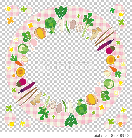 野菜のフレーム 円形 背景 ピンクのチェック柄のイラスト素材