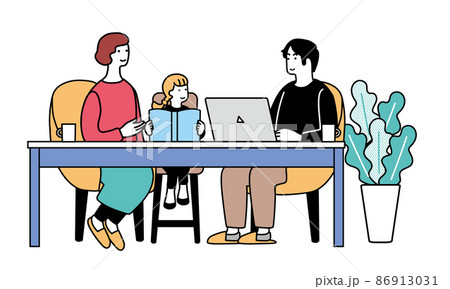 パソコンをする男性と本を読む母子のイラスト　在宅で仕事をする風景 86913031