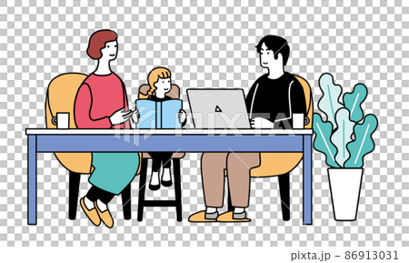 パソコンをする男性と本を読む母子のイラスト　在宅で仕事をする風景 86913031