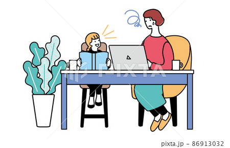 パソコンをする女性と本を読む女性　困った表情のシンプルなイラスト 86913032