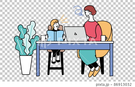 パソコンをする女性と本を読む女性　困った表情のシンプルなイラスト 86913032