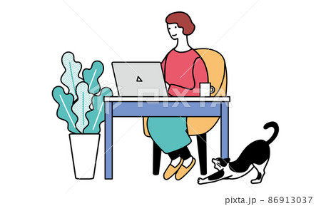 パソコンをする女性のシンプルなイラスト 86913037