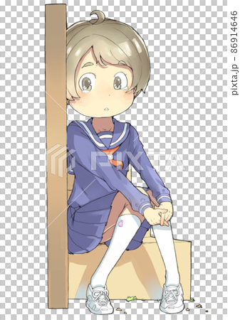 Female junior high school student sitting on the stairs and weeping Female junior high school student sitting on the stairs and weeping 86914646