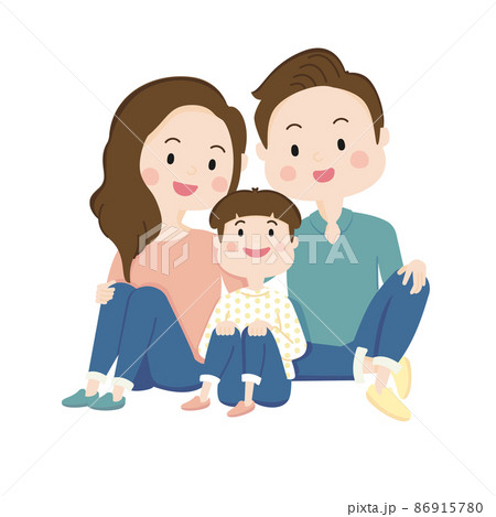 3人家族集合,座る,ポーズ,息子,家族,笑顔,子育て,素材 86915780