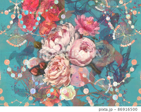 薔薇芍薬牡丹のボタニカルブーケと螺鈿模様の壁紙イラストのイラスト