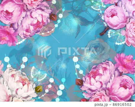 薔薇芍薬牡丹のボタニカルブーケと螺鈿模様の壁紙イラスト 86916502
