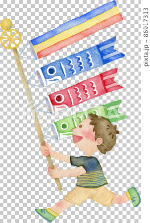 【こどもの日】鯉のぼりを持つ男の子のイラスト 【こどもの日】鯉のぼりを持つ男の子のイラスト 86917313