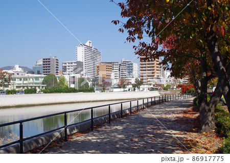 秋の広島天満川沿い公園の景色 86917775