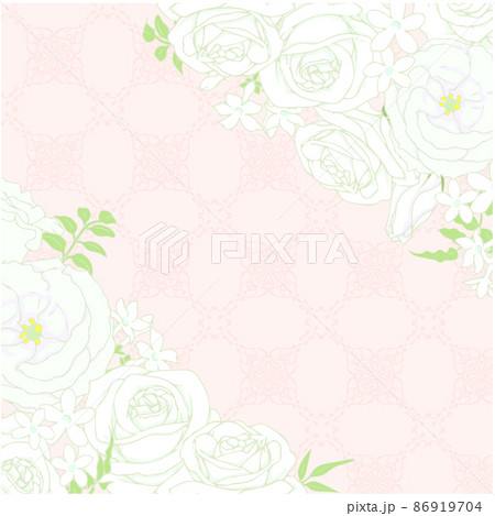 薔薇とトルコキキョウとジャスミンのフレーム 正方形 アンティーク風背景 のイラスト素材