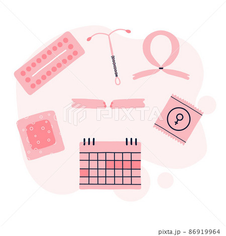 Types of contraception. Female contraceptives. Pills, calendar, patch, condom and coil. Vector illustration in a flat style. Poster with contraception.World contraception day. 86919964