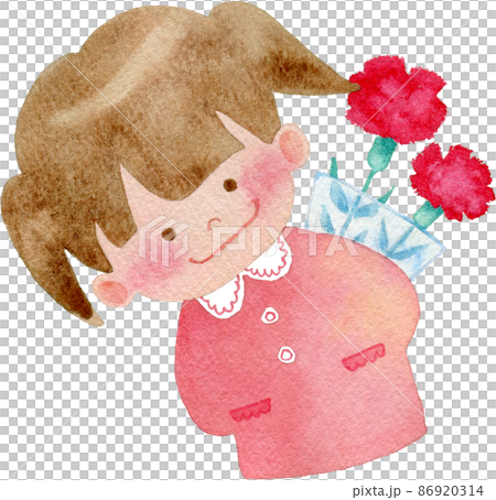 [母親節] 一個女孩拿著康乃馨藏在背後的插畫 86920314