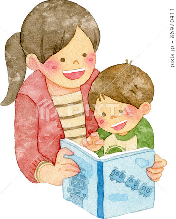 絵本を読む親子のイラスト 2人 のイラスト素材