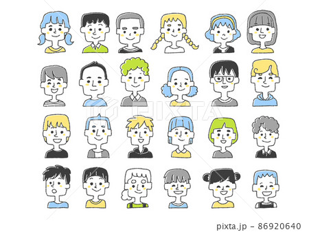 子供たちの顔のアイコンセット コミカルな手書きの人物イラスト ベクター線画にシンプルな色つけ 白バッ 子供たちの顔のアイコンセット コミカルな手書きの人物イラスト ベクター線画にシンプルな色つけ 白バッ 86920640
