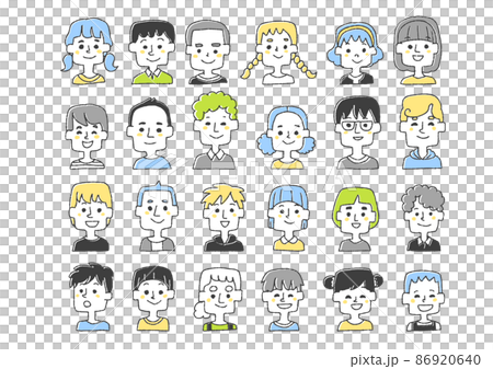子供たちの顔のアイコンセット コミカルな手書きの人物イラスト ベクター線画にシンプルな色つけ 白バッ 子供たちの顔のアイコンセット コミカルな手書きの人物イラスト ベクター線画にシンプルな色つけ 白バッ 86920640
