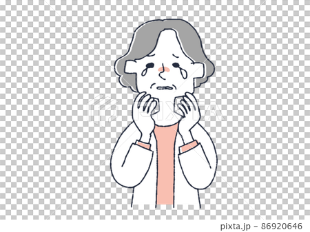 泣いている高齢女性　コミカルな手書きの人物イラスト　ベクター線画にシンプルな色つけ　白バック 86920646