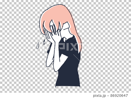泣いている女性　コミカルな手書きの人物イラスト　ベクター線画にシンプルな色つけ　白バック 86920647