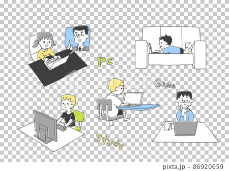 パソコンを使いこなす子供たちのセット コミカルな手書きの人物イラスト ベクター線画にシンプルな色つけ パソコンを使いこなす子供たちのセット コミカルな手書きの人物イラスト ベクター線画にシンプルな色つけ 86920659