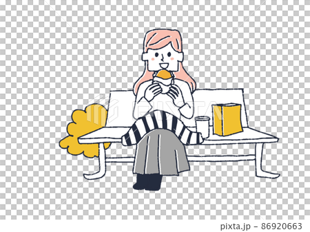 一個吃外賣午餐的女人，一個滑稽的手繪人物插圖，一個簡單的矢量線圖著色 86920663