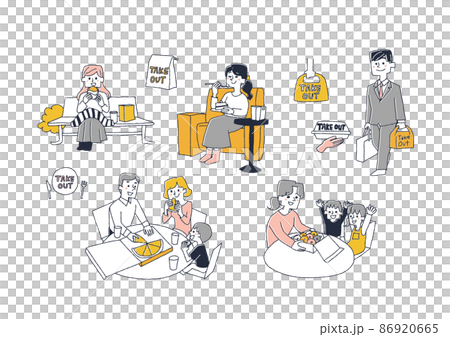 テイクアウトした食事を食べる人々のセット コミカルな手書きの人物イラスト ベクター線画 テイクアウトした食事を食べる人々のセット コミカルな手書きの人物イラスト ベクター線画 86920665