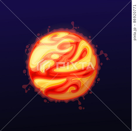 Galaxy space hot planet with lava and burning craters on surface, vector fantasy world. Cartoon galactic sun or fantastic planet with craters and volcano magma flame splashes 86920771