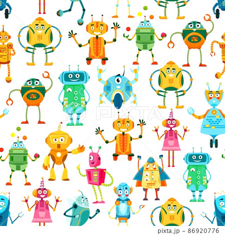 Cartoon robots and droids seamless pattern. Wallpaper or fabric print, cover pattern template or vector background with funny robots characters, cute vintage droids or smiling alien bots personage Cartoon robots and droids seamless pattern. Wallpaper or fabric print, cover pattern template or vector background with funny robots characters, cute vintage droids or smiling alien bots personage 86920776