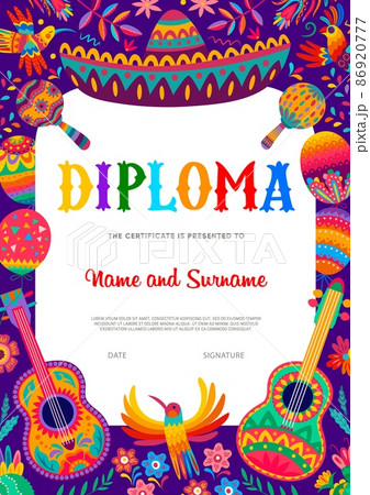 Kids diploma with Mexican sombrero, guitar and maracas musical instruments. Vector education diploma, certificate of school achievement or appreciation with background frame of mexican ornament 86920777