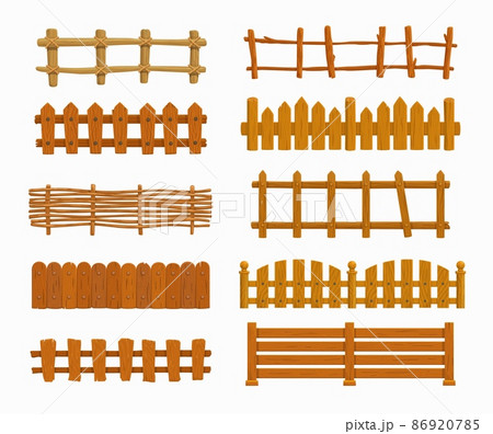 Cartoon wooden fence vector set, garden or farm palisade, gates or balustrade with pickets. Enclosure railing, banister or fencing sections with decorative pillars. Wooden isolated fence and balusters 86920785