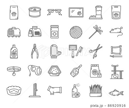 Cat and kitten pet care outline icons. Domestic animal grooming tools , cat or dog veterinary health, canned food and toys thin line vector pictogram. Pet clothing, feeding and carrying accessories 86920916