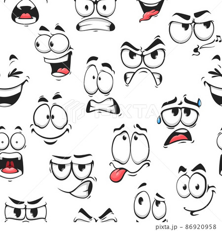 Cartoon faces and emojis with different facial expressions seamless pattern. Vector background of comic emoticon characters with happy, funny, angry and cry, crazy, silly and cheerful emotions Cartoon faces and emojis with different facial expressions seamless pattern. Vector background of comic emoticon characters with happy, funny, angry and cry, crazy, silly and cheerful emotions 86920958