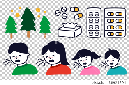 花粉症関連のイラストと花粉症の家族のイラスト素材