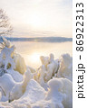厳冬の猪苗代湖畔に現れるしぶき氷 86922313