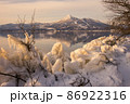 厳冬の猪苗代湖畔に現れるしぶき氷 86922316