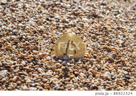 The bitcoin on the sandy seashore. The concept of freelance and cryptocurrency The bitcoin on the sandy seashore. The concept of freelance and cryptocurrency 86922324