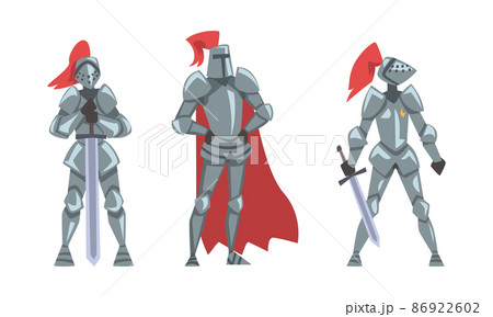 Medieval armored knights standing with swords vector illustration 86922602