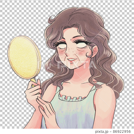 Showa shoujo manga-style middle-aged woman who notices aging skin and faints 86922956