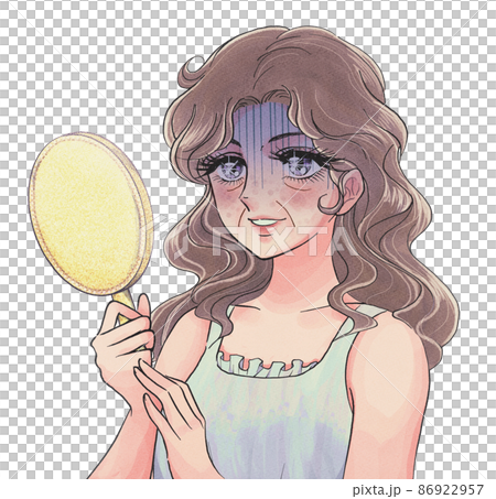 Showa girl cartoon-style middle-aged woman who notices aging skin and turns pale 86922957