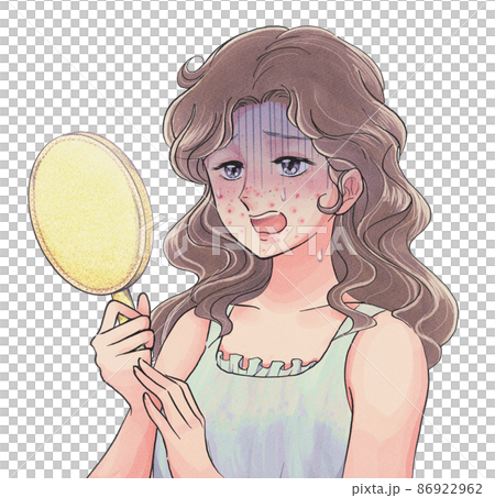 肌荒れした顔を見て青ざめる少女漫画風のすっぴん少女 86922962