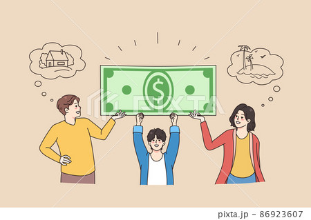 Happy family with kids holding dollar banknote Happy family with kids holding dollar banknote 86923607