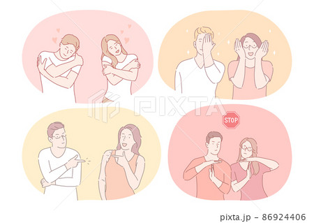 Couple expressing different emotions and signs with hands concept 86924406
