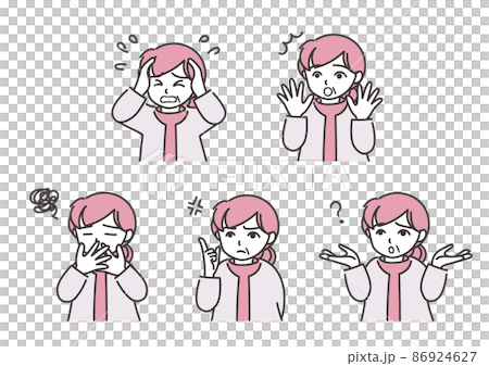 Illustration set of females showing various facial expressions_C02 [single color / cardigan] 86924627