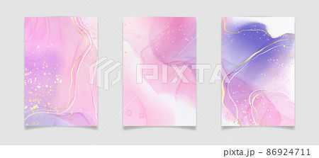 Purple rose and lavender liquid marble background with gold stripes and glitter dust. Pastel pink violet watercolor drawing effect. Vector illustration backdrop with gold splatter for wedding invite Purple rose and lavender liquid marble background with gold stripes and glitter dust. Pastel pink violet watercolor drawing effect. Vector illustration backdrop with gold splatter for wedding invite 86924711
