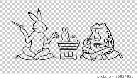 鳥獣戯画　うさぎとカエルがお餅を焼くイラストレーション 86924983