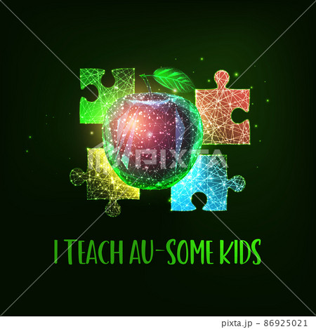 Autism teacher vector illustration. I teach Au-some kids phrase with colorful puzzle pieces and apple 86925021